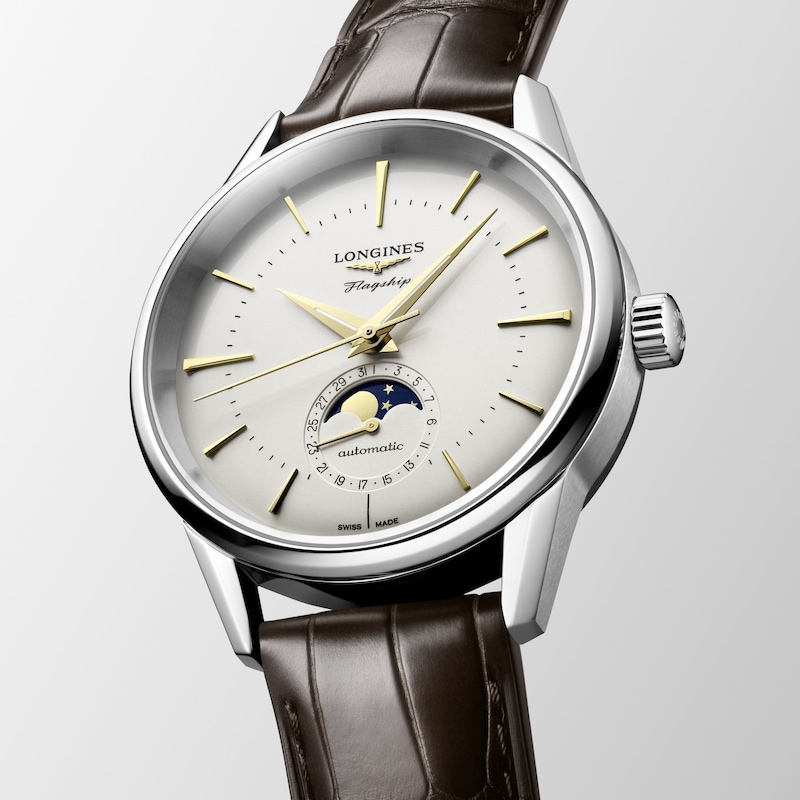 Longines Flagship Heritage Moonphase Opaline Dial & Brown Leather Strap Watch