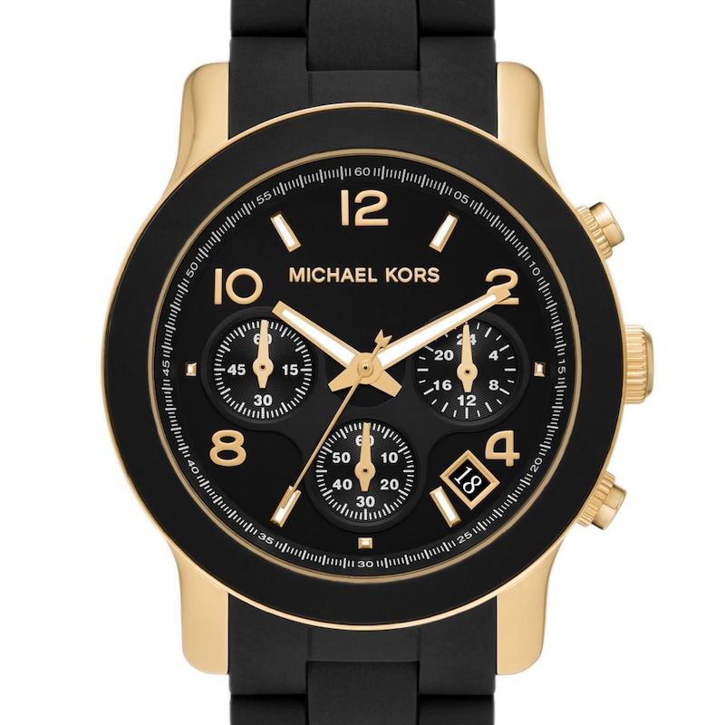 Michael Kors Runway Ladies' Gold-Tone Case & Black Rubber Strap Watch