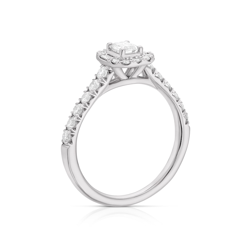 Platinum 0.75ct Diamond Emerald Shape & Baguette Cut Halo Ring