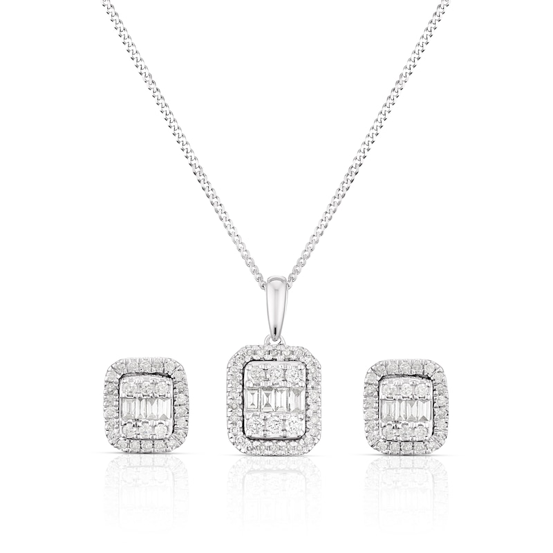 9ct White Gold 0.50ct Diamond Emerald Shape Cluster Earrings & Pendant Set