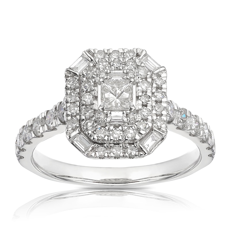 Platinum 1ct Diamond Emerald Cut & Shape Halo Ring