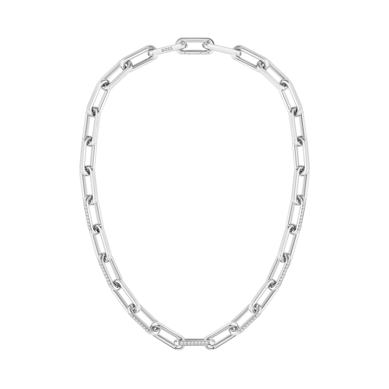 BOSS Halia Ladies' Stainless Steel 16 inch Crystal Link Chain