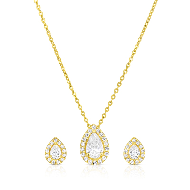 9ct Yellow Gold CZ Pear Shaped Pendant & Earrings Jewellery Set