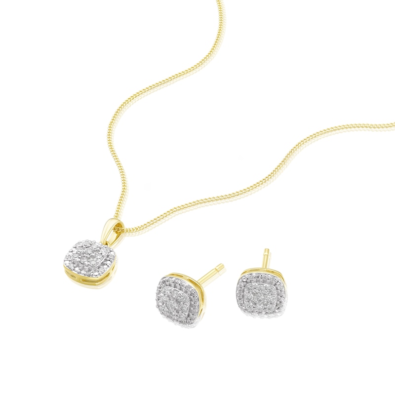 9ct Yellow Gold 0.30ct Diamond Total Cluster Stud Earring & Pendant Set