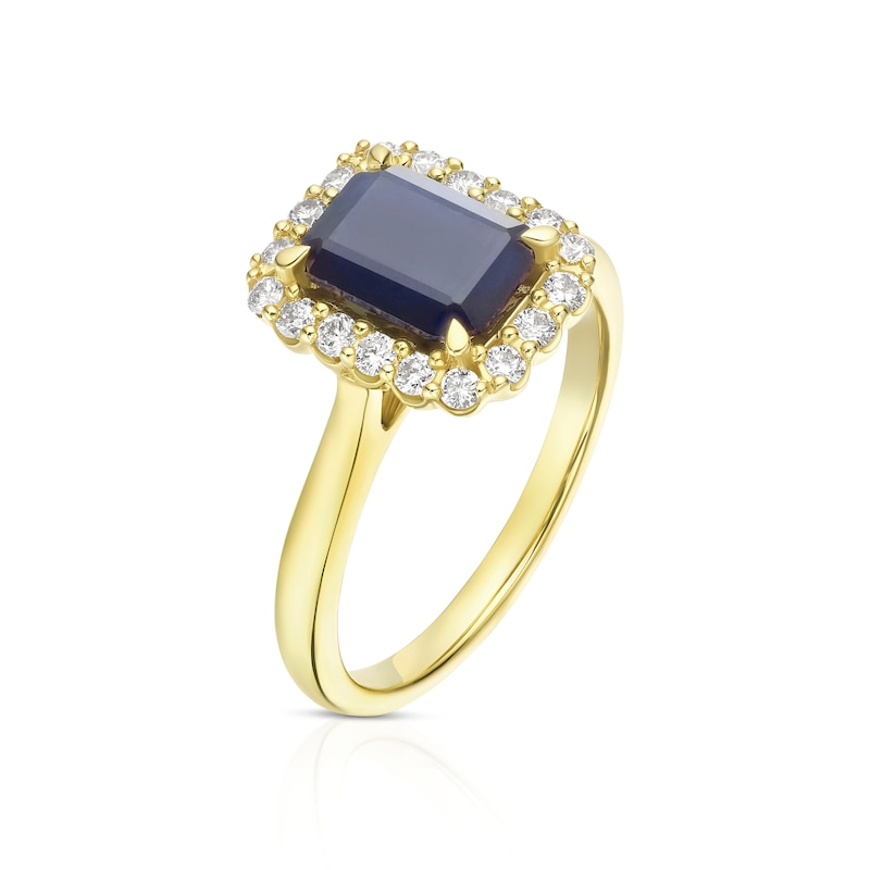 9ct Yellow Gold Blue Sapphire & 0.25ct Diamond Halo Ring
