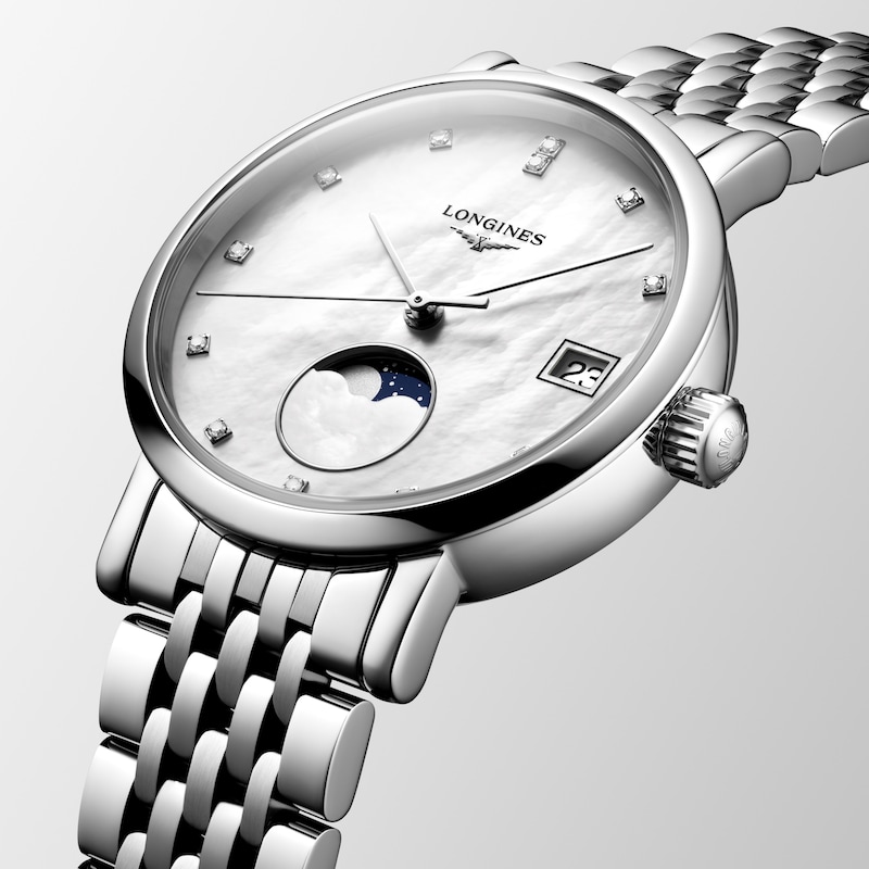 Longines Elegant Ladies' Diamond & Moonphase Stainless Steel Watch